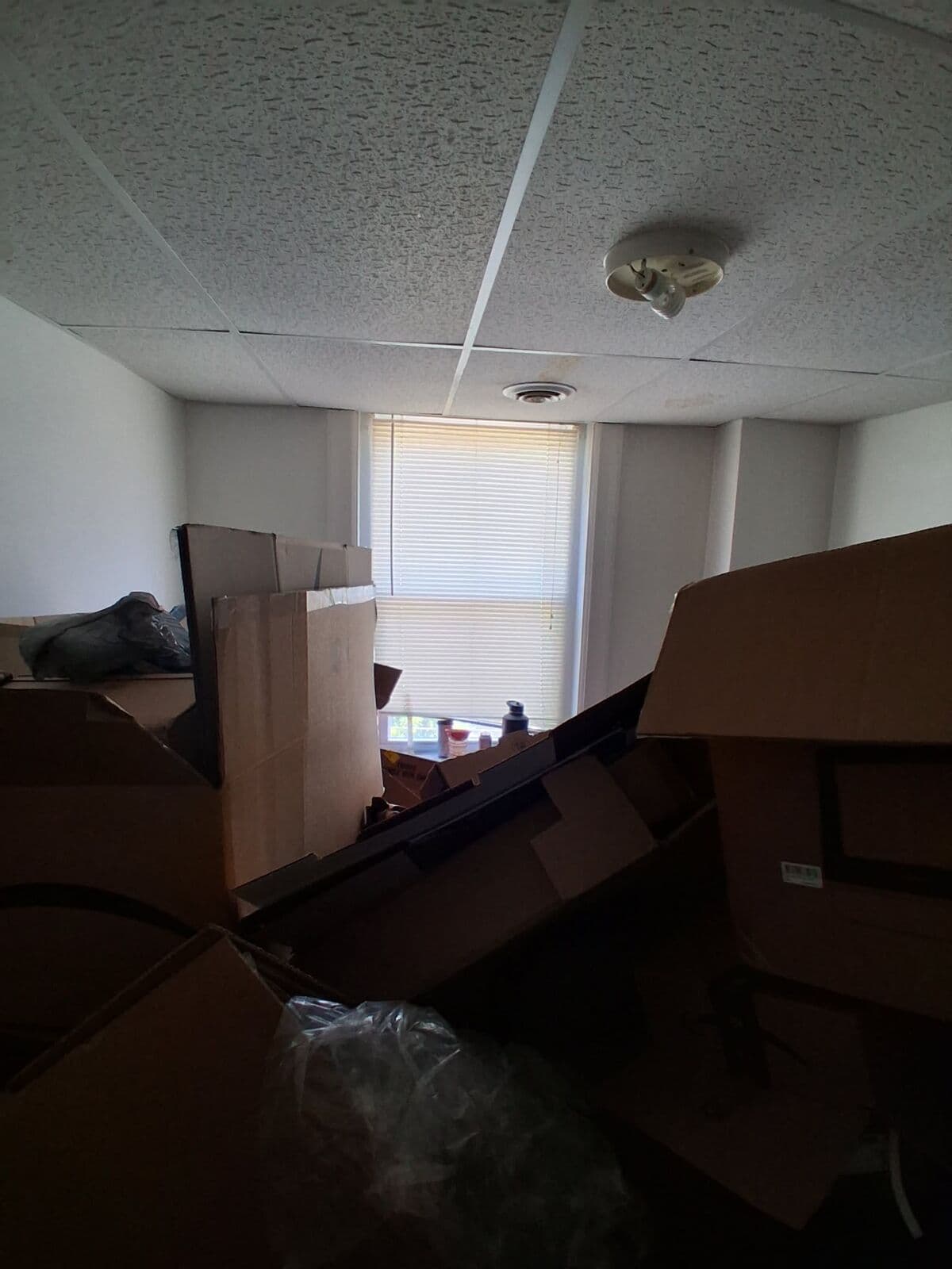 Before: Bedroom filled wall to wall with stacked boxes and furniture
