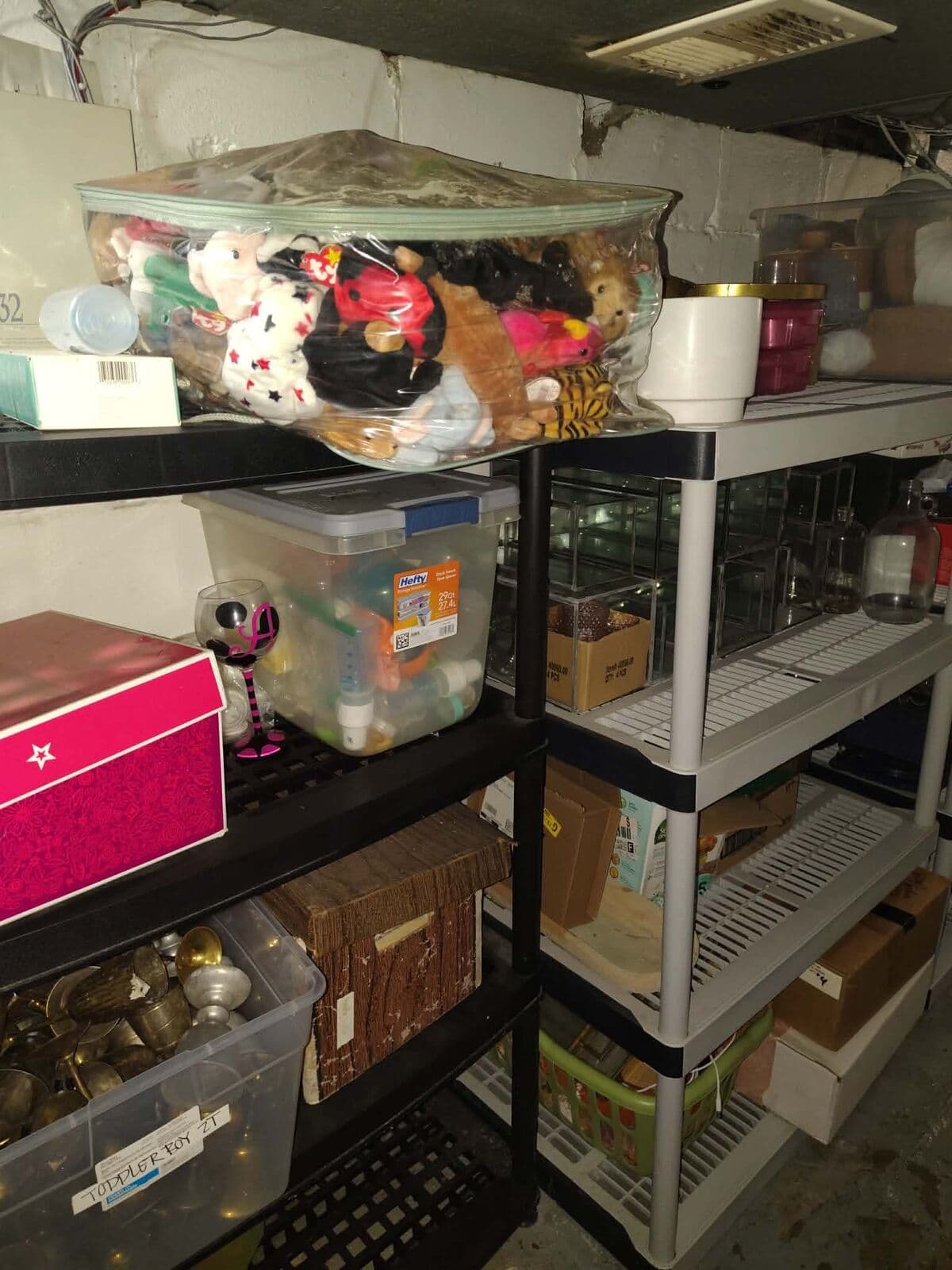 After: Shelving units organized with labeled bins