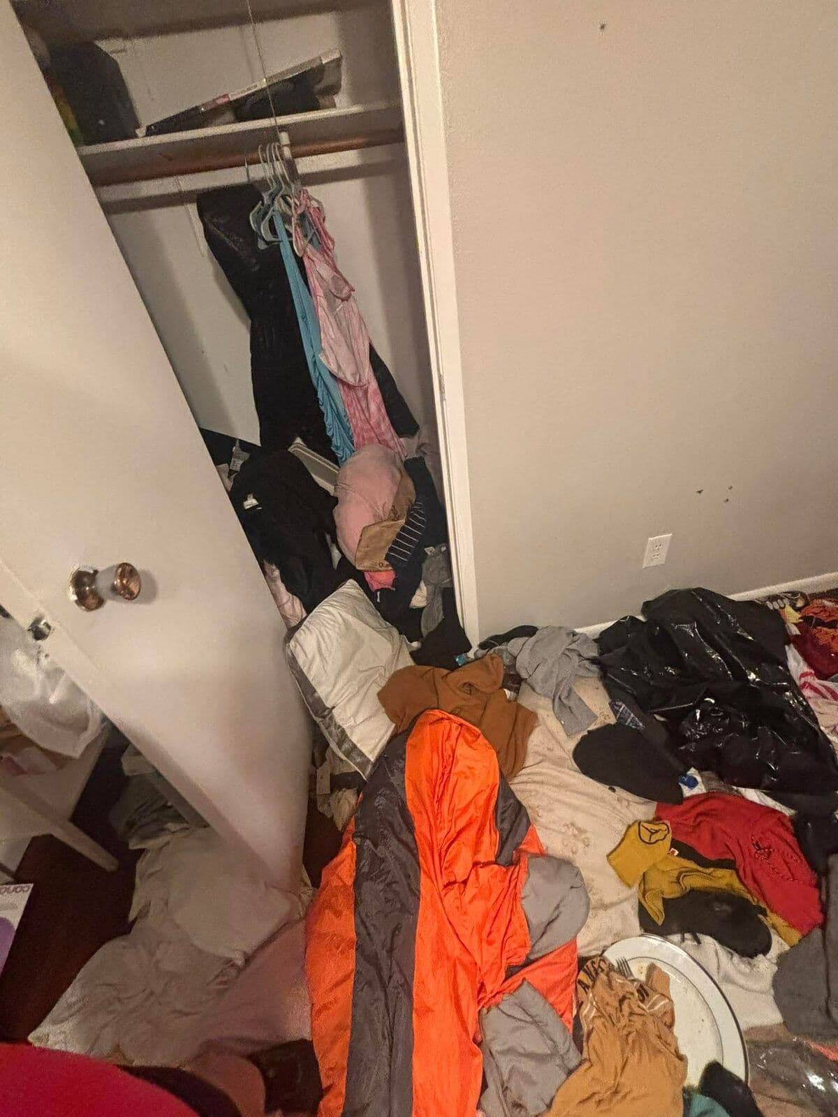 Before: Closet doorway blocked by piles of clothing