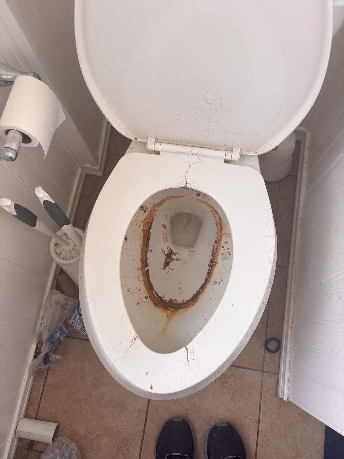 Before: Toilet with heavy staining and buildup