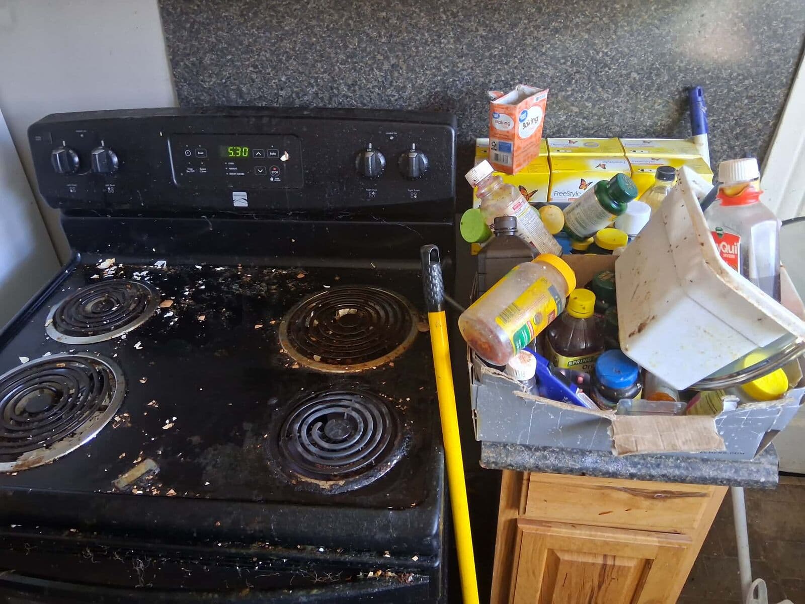 Before: Electric stove crusted with grease beside a box of food containers